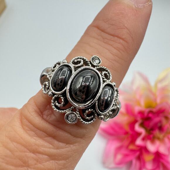 Vintage Avon Midnight Splendor Faux? Hematite Ring Crystals Opulent Ornate 1972 - Picture 9 of 15